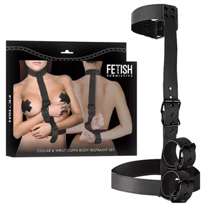 Fetish Submissive Bondage Collar & Wrist Cuffs Body Restraint Set D-237015
