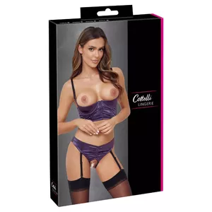 Quarter-cup bra and crotchless suspender thong set Cottelli Collection 80C/M purple stretch satin, underwire, adjustable straps