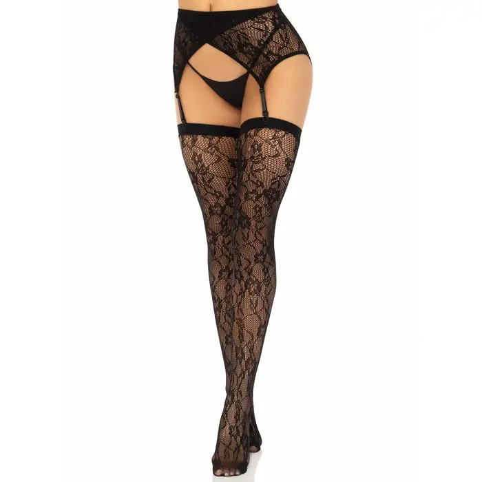LEG AVENUE Mežģīņu augstās zeķes ar jostu, melnas Photo 4