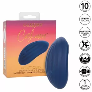 Personīgais masieris CalExotics Cashmere Velvet Curve — izliektas formas zils dizains, mīksta kašmīra samta virsma, kompakts izmērs