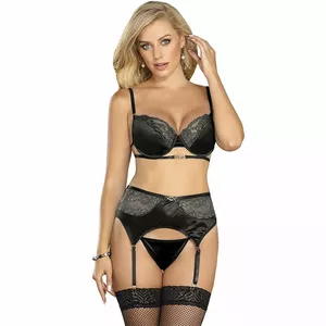 Apakšveļas komplekts SUBBLIME D-239294 — krūšturis, stringi un mežģīņu zeķturis, melns, izmērs L/XL