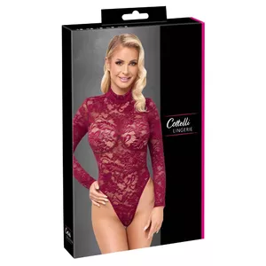 Body (long-sleeved) Cottelli Collection Lace Body red L – ornamental lace, thong cut, press-stud crotch, 90% polyamide/10% spandex
