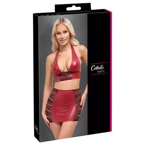 Lingerie set Cottelli Collection Top & Skirt red, size S — wet look top halterneck and tight mini skirt, 85% polyester/15% spandex, lace inserts