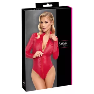 Women's fitted bodysuit Cottelli Collection Body Snake red S — long sleeves, high collar, 3-way zip, 90% polyamide 10% spandex