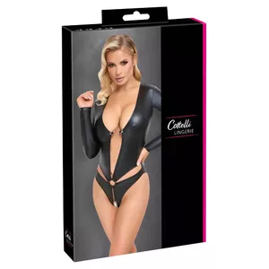 Long-sleeve crotchless bodysuit Cottelli Collection S, black, matte stretch (90% polyester, 10% spandex)
