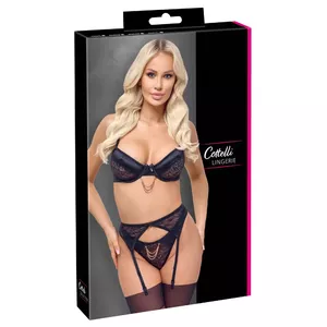 Lingerie set Cottelli Collection Bra Set Chain 80C/M, black — underwired bra, suspender belt, thong, size 80C (EU)