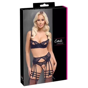 Lingerie set Cottelli Collection Bra and Suspender Set 80C, black, adjustable straps, underwired bra, thong, suspender belt