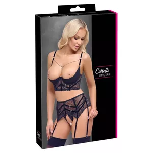 Lingerie set Cottelli Collection Shelf Bra Set 90B/XL — longline underwired shelf bra, suspender belt, crotchless string, black lace, 90% polyamide 10% elastane