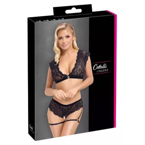 Cottelli Collection crotchless briefs XL, black — lace, open-crotch, high-cut with adjustable thigh straps, 90% polyamide 10% elastane