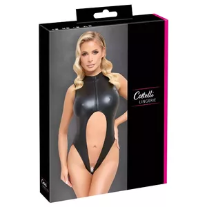 Cottelli Collection crotchless body with full-length zip, black, size S, 90% polyester 10% spandex