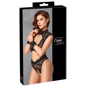Lingerie set Cottelli Collection Bondage Bra Set L — black, lace & powernet, crotchless briefs, collar, soft restraints