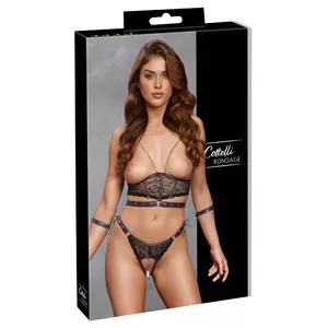 Bondage Top Set Cottelli Collection 22513101051 XL — crotchless lace set with adjustable straps, removable chain and soft handcuffs, black