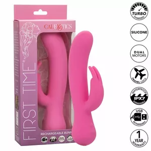 Vibrators CalExotics First Time Vibrator Rabbit — uzlādējams silikona, rozā — truša ausis, ūdensizturīgs