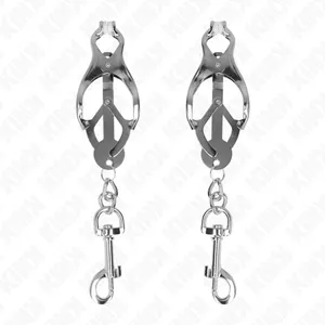 Nipple clamps KINK Japanese clover design with hooks, metal, silver finish, adjustable pressure
