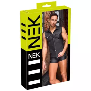 Men's shirt NEK M — regular fit, short-sleeve, black matte look, press-stud front, chest pockets with D-rings, 90% polyester 10% spandex