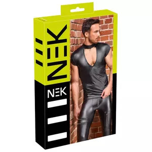 Krekls NEK modelis 21618181711, vīriešu izmērs M, melns, īsām piedurknēm, V formas izgriezums priekšā, stāvošs apkaklis ar gredzenu, 90% poliesters 10% spandekss