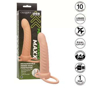 Насадка на пенис CalExotics MAXX Ribbed Dual Penetrator 10 вибраций, ребристая, водонепроницаемая