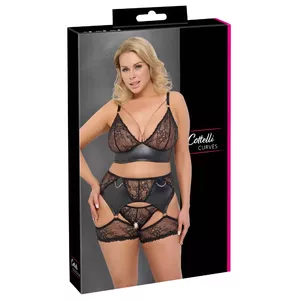 Lingerie set Cottelli Collection 3-piece black XL — bra, crotchless panties, garter belt