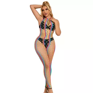 Bodystocking SUBBLIME Rainbow Mesh ar haltera kaklu, režģa audums, izmērs XS–M — stiepjams fishnet, piemērots XS–M