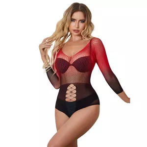 Long-sleeve elastic fishnet bodystocking SUBBLIME D-241374, red–black gradient, one size