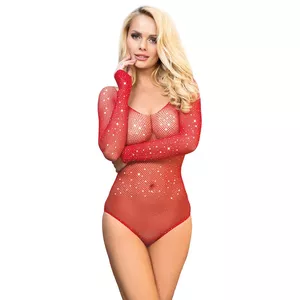 Bodistokings SUBBLIME D-241379 — spīdīgs režģa raksts, atklātas plecas, garas piedurknes, one size, sarkans