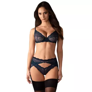 Apakšveļas komplekts OBSESSIVE Nightly Blue — krūšturis, piekāršanas josta un tanga, mežģīnes, regulējamas lencītes, izmērs XS/S