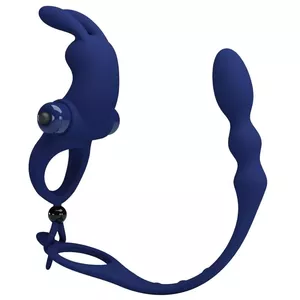 Vibrator ring with plug Pretty Love AYAD Rabbit — silicone, waterproof, dual-stimulation, blue