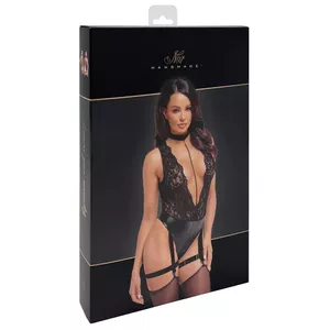 Body Noir Body Pearls S — чёрное боди-пояс с жемчужной цепочкой, размер S, кружево и матовые панели, регулируемые бретели, молния в шаге