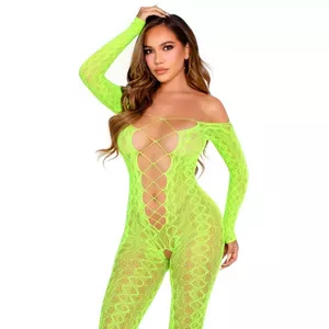 Crotchless bodystocking LEG AVENUE D-243083 — neon green snake lace one-piece stretch