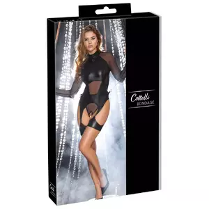 Body Bondage M — Cottelli Collection atvērts suspender-bodis ar mīkstām roku dzelžiem, garas piedurknes, tīkls un matēts materiāls, izm. M