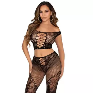 Two-piece women's outfit LEG AVENUE crop top with bare shoulders and black fishnet leggings