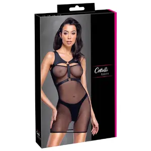 Divdaļīgs apakšveļas komplekts Cottelli Collection — kleita un tanga M, melna tīklojuma mini kleita ar matētu krūšu ieliktni, augstas kāju līnijas tanga, izmērs M