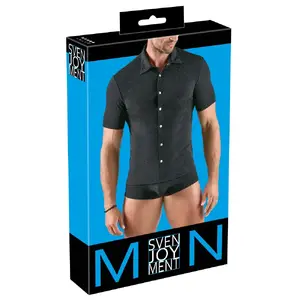 Men's shirt Svenjoyment Silver — classic fit, size XL, short sleeves, stand-up collar, Lurex-look (90% polyester, 10% spandex)