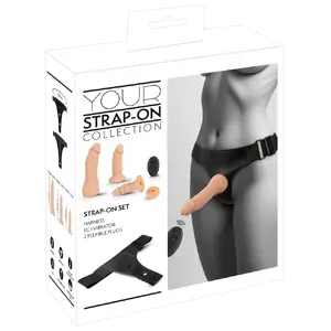 Strap-on harness set You2Toys RC Vibe with rechargeable vibrator (17 cm) and two black silicone dildos (11.8 cm & 12.3 cm), adjustable faux leather harness