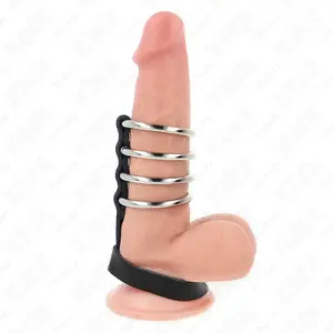 Dzimumlocekļa gredzenu komplekts KINK RING POWER — 4 metāla gredzeni Ø 3,8 cm, ādas siksniņa 22 x 1,5 cm, spiedpoga