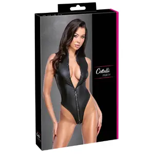 One-piece bodysuit Cottelli Collection Rhinestone Zip, size S, black matte stretch fabric, thong, high legs, long rhinestone zipper