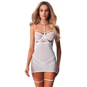 Неглиже OBSESSIVE Chemise Arrowel белый, размер L/XL, прозрачный powernet, кружево, косточки, регулируемые бретели и подвязки