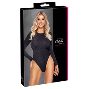 Bodysuit Cottelli Collection long-sleeve glitter bodysuit L — multicolor, soft stretch fabric, thong, backless, crotch hook