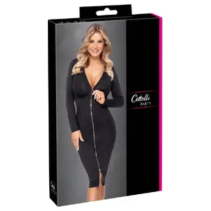Dress Zip XL — Cottelli Collection zipper-detail long-sleeve knee-length dress, size XL, black, 90% polyester/10% spandex