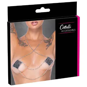 Украшение для сосков с серебряной цепочкой, Cottelli Collection — квадратные наклейки 5,5×5,5 см, многоразовые, гипоаллергенный клей, ABS/стекло/металл