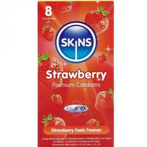 Презервативы SKINS Strawberry Premium — упаковка 8 шт., клубничный аромат, стандартный размер