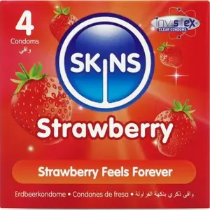 Prezervatīvi SKINS Strawberry Premium, 4 gab. — ar zemeņu aromātu, standarta izmērs