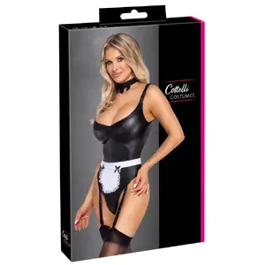 Женский костюм-слип Cottelli Collection Maid Body L — чёрный эластичный стринг, съёмные регулируемые подтяжки, фартук и чокер, размер L