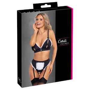 Lingerie set Cottelli Collection Maid Set – bustier and crotchless suspender briefs, black, size XL, 88% polyester/12% spandex