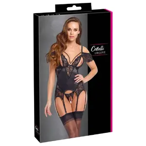 Lingerie set Cottelli Collection Basque Pearls M — black, size M, basque with adjustable straps, removable pearl chains, crotchless string