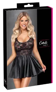 Kleita Cottelli Collection 27191771031 — melns mežģīņu augšdaļa, matēta izgriezta mini svārki, izmērs M