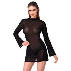 Sieviešu mini kleita Noir Dress Noir Mini Dress M — izmērs M, mirdzoša caurspīdīga melna, plati trompeta piedurkņi, izplešams svārks