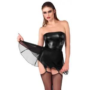 Kleita Noir tube mini ar iebūvētām zeķturēm XL — bezspagru powerwetlook korsete, piestrādāta tilla svārku daļa, regulējamas zeķtures