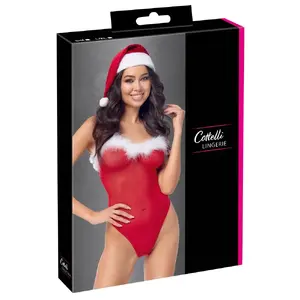 Bodysuit and hat set Cottelli Collection X-Mas — red powernet bodysuit L/XL with feather trim and velvet hat