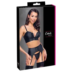 Lingerie set Cottelli Collection Top Set rhinestone zip — corset top, suspender belt, string, matte fabric, removable straps
